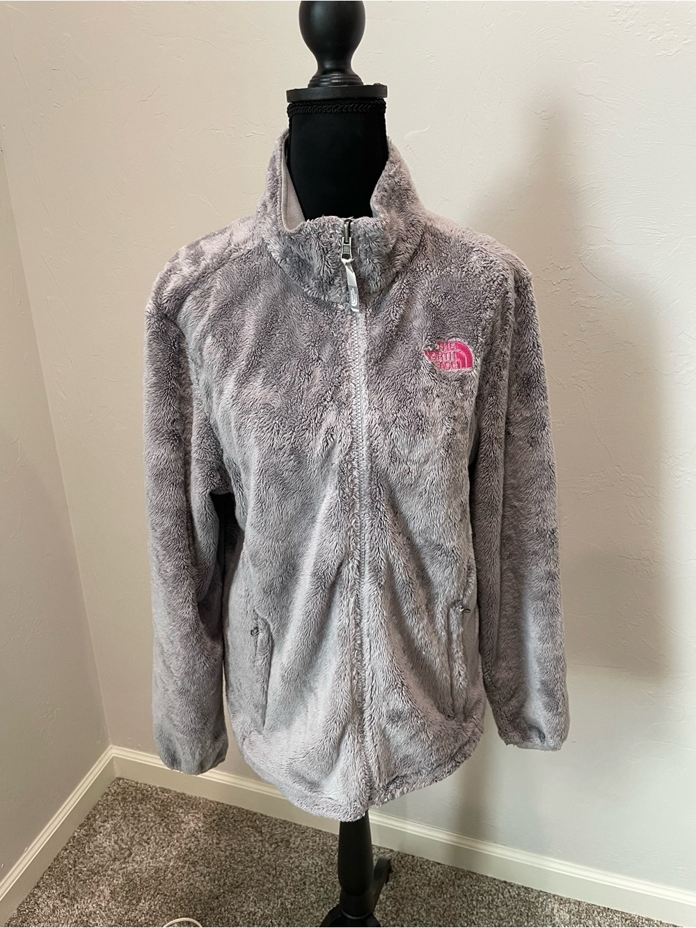 The North Face Gray Plush Full-Zip Jacket with Pink Logo Breast Cancer Awareness